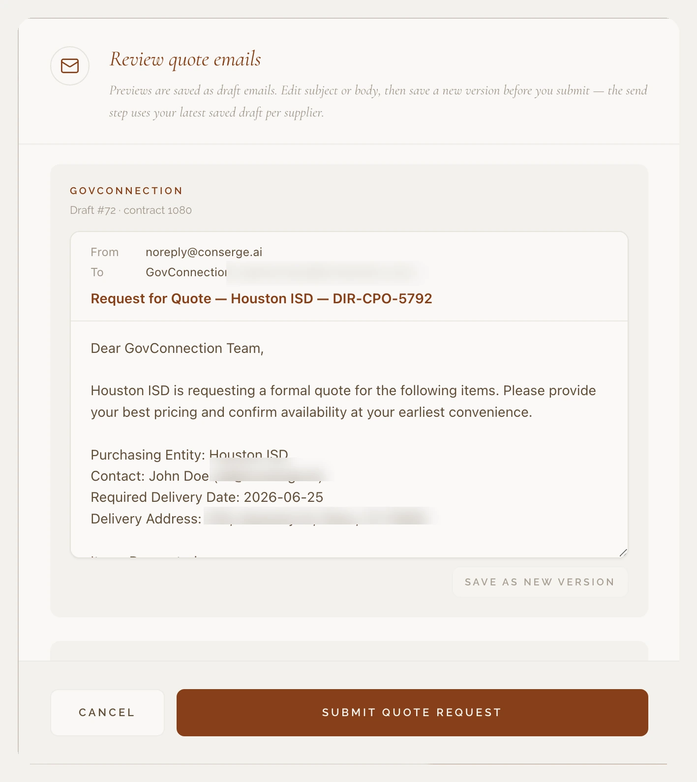 The Conserge message center — a request-for-quote thread sent to a supplier