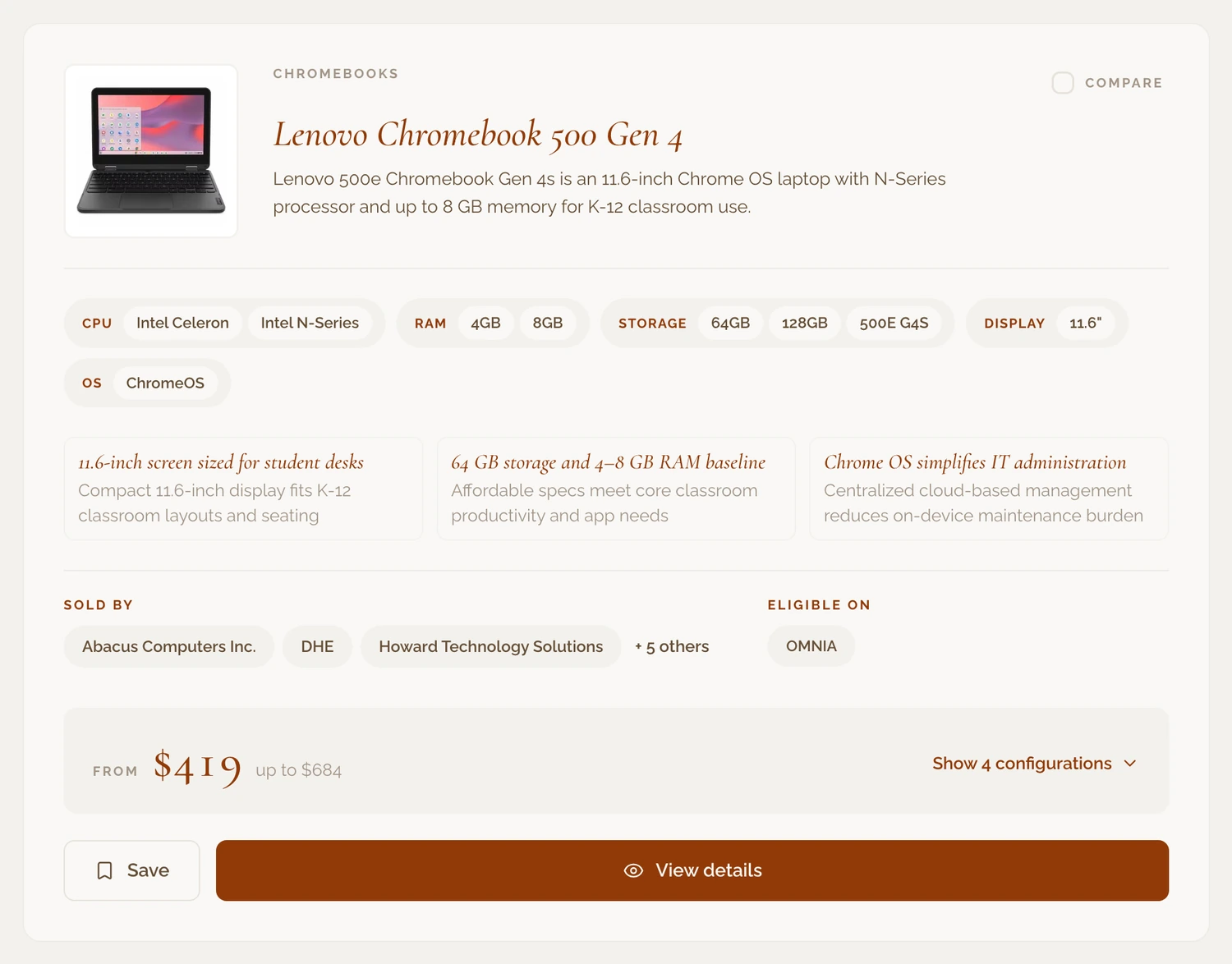 A search result: a Chromebook with specs, the suppliers who sell it, the cooperative contract, and pricing